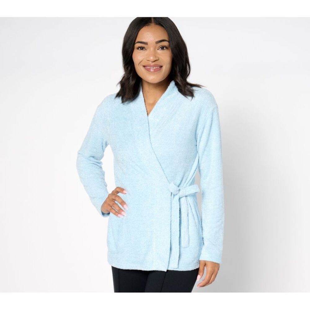 Muk Luks Women's Plus Sz Sleepwear 1X Feather Down Side-Tie Cardigan Blue
